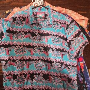 Vibrant Teal and Black Palm Print Men's Shirt